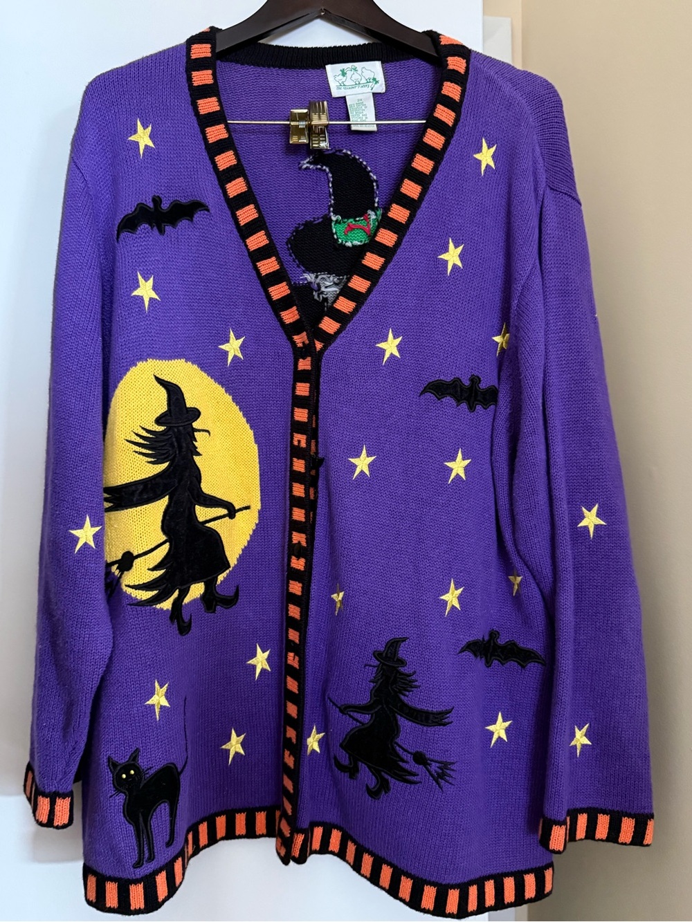 Vintage Quacker Factory Cardigan Sweater Halloween Witch Bats Cats Purple Sz 2X